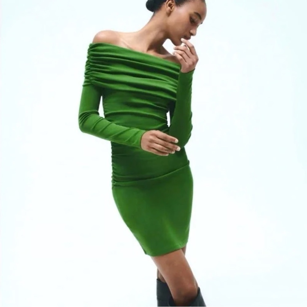ZARA | Ruched Off the Shoulder Long Sleeve Green Mini Dress